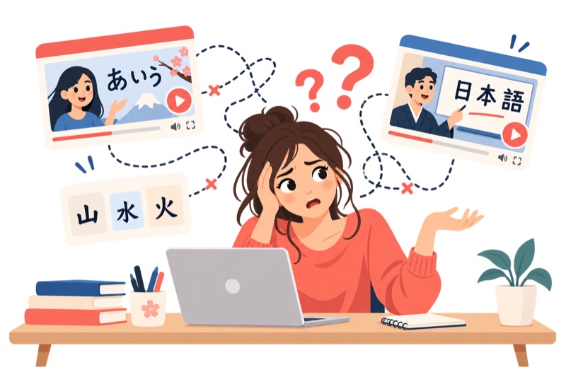 Une personne perdue entre plusieurs vidéos et des kanji