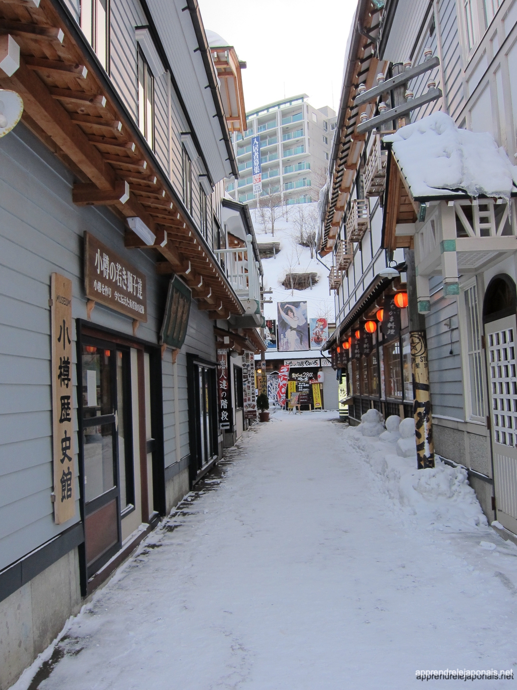 Ruelle enneigée d'Otaru Denuki Koji bordée de maisons en bois