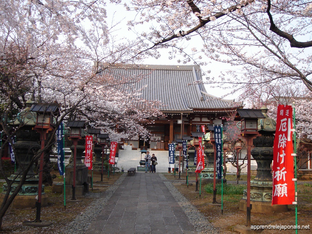Temple Ryōdaishi à Ueno sous les cerisiers en fleurs, avec lanternes et bannières