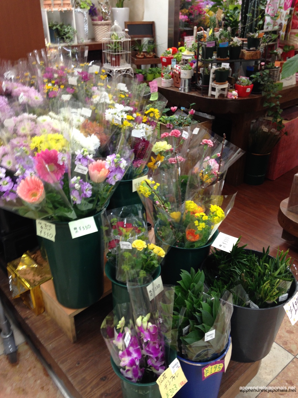 Étal de bouquets de fleurs emballés dans du plastique avec des étiquettes de prix en yens