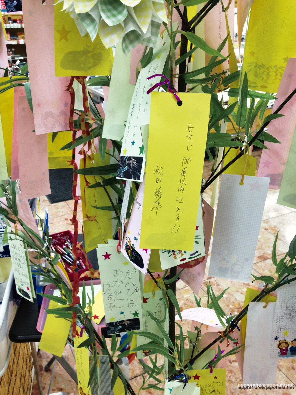 Branche de bambou garnie de papiers colorés portant des vœux écrits à la main pour Tanabata