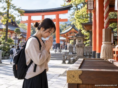 voyageuse qui prie les mains jointes devant l'autel d'un sanctuaire, torii rouge en arrière-plan