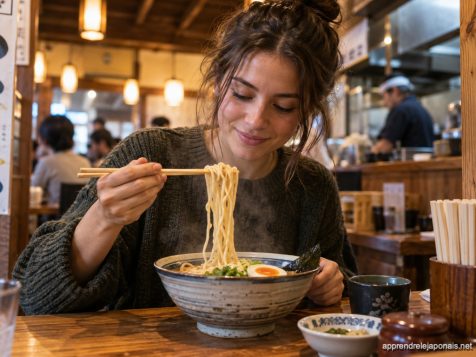 voyageuse qui mange un bol de ramen avec des baguettes dans un restaurant japonais